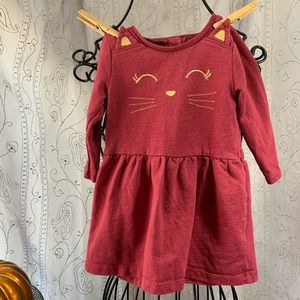 Carter’s Dress Metallic Gold Cat Face on Red Long Sleeve Button Back Jersey Knit